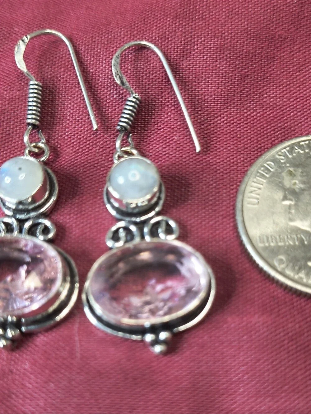 925 Sterling Silver Moonstone Pink Sapphire Earrings Natural Gemstone Dangle